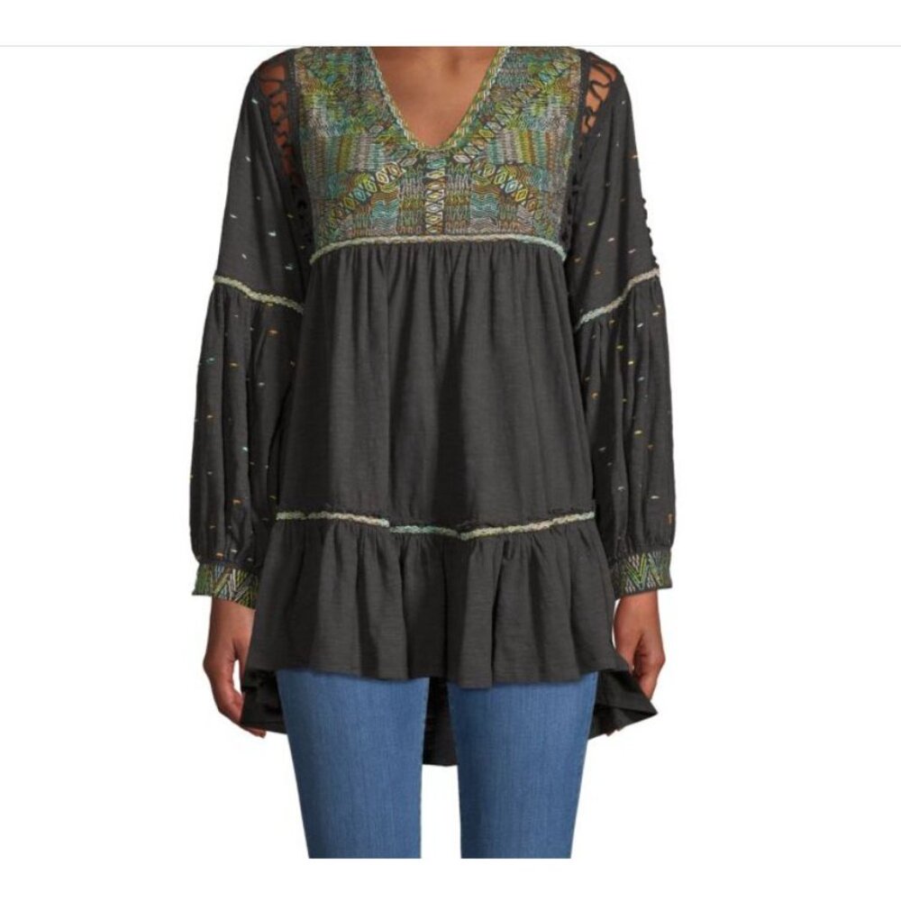 Free People Embroidered Much Love Tunic-Dress - Crochet Trim - Small - Picture 3 of 11